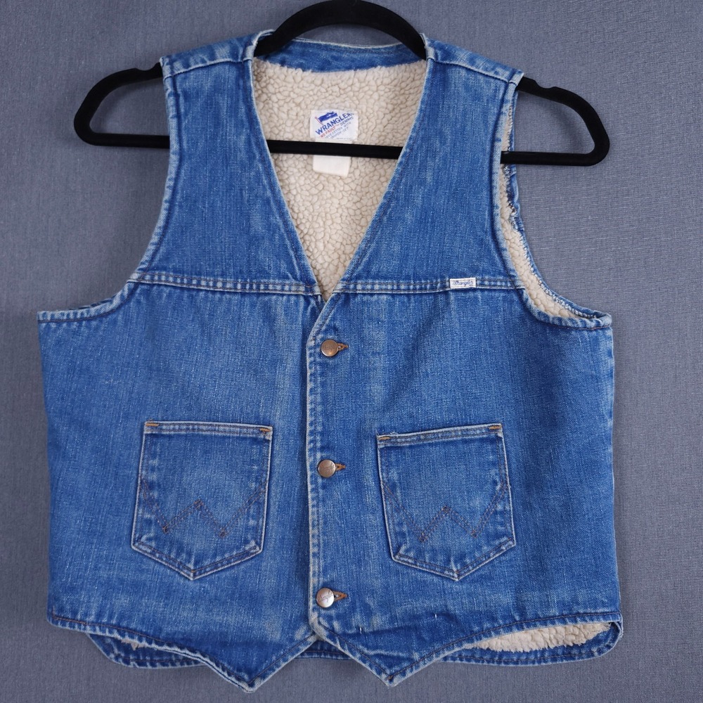 Vintage 70s Wrangler No Fault Sherpa Lined Denim Vest Size Large Sanfor-Set USA
